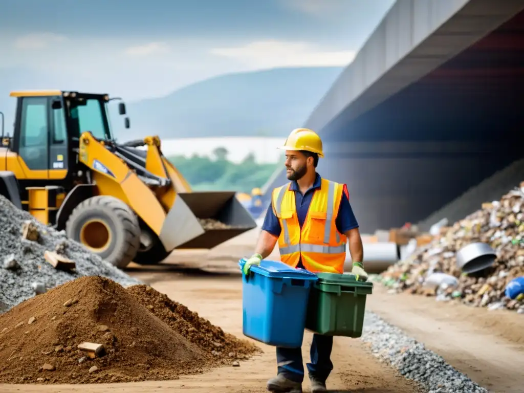 Un trabajador de la construcción organiza residuos en la construcción de un túnel