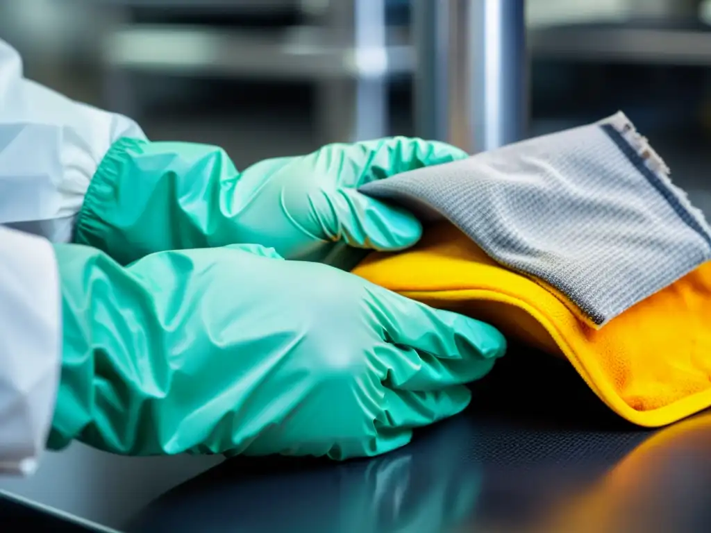 Un trabajador con guantes de protección para exploración maneja materiales peligrosos en un laboratorio estéril