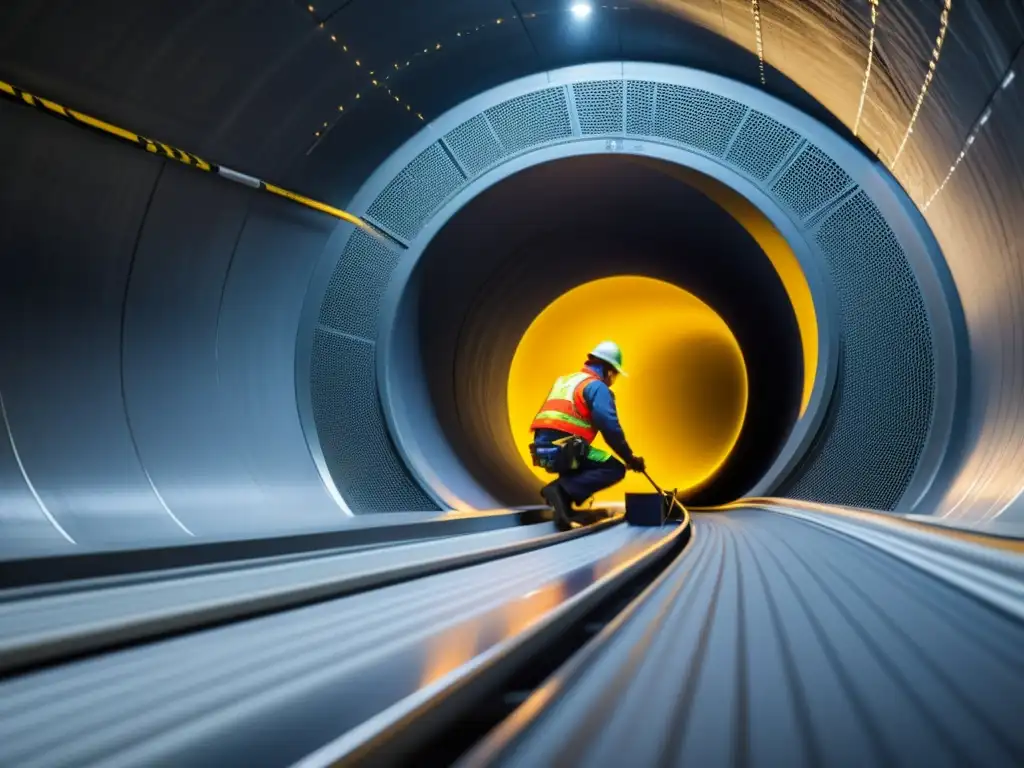 Un trabajador aplica con precisión materiales compuestos en el interior de un túnel, destacando la avanzada técnica de construcción