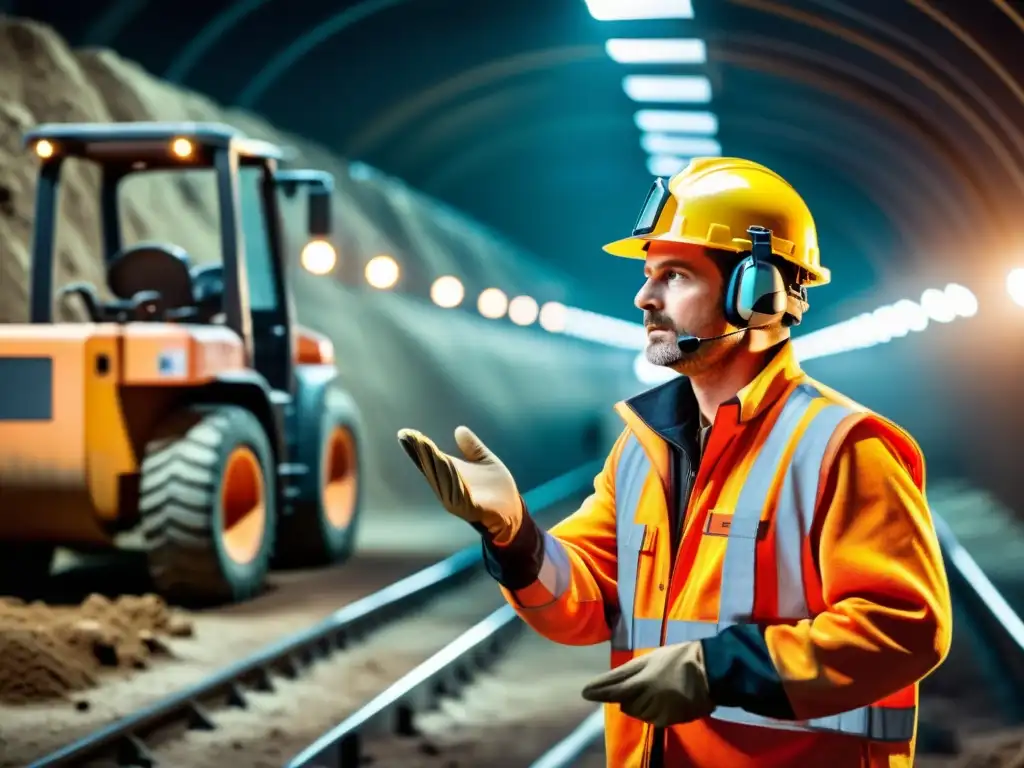Trabajador en túnel subterráneo usando señales manuales Trabajador subterráneo con protección auditiva en entorno ruidoso, comunicándose con señas
