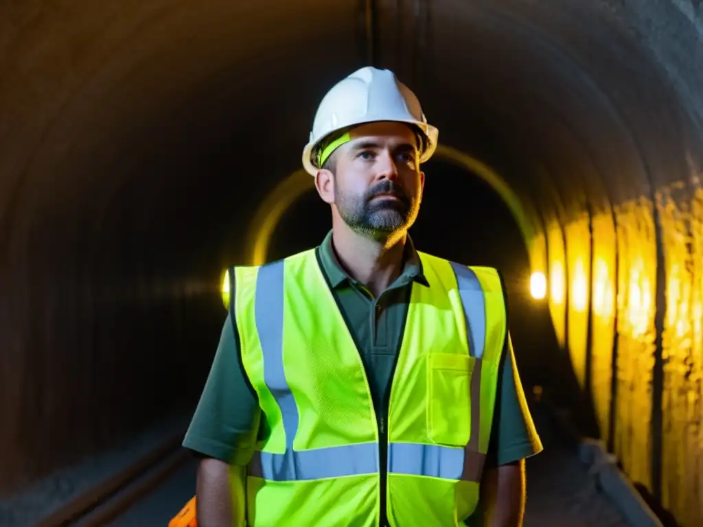 Un trabajador en un túnel oscuro con chaleco reflectante amarillo, inspeccionando con una linterna