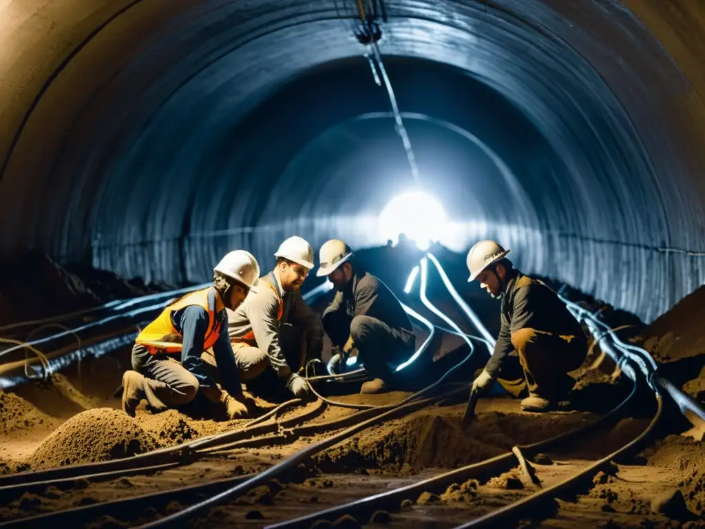 Trabajadores conectando cables de comunicación en un túnel subterráneo