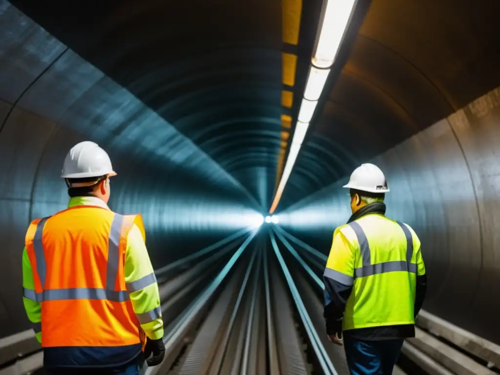 Trabajadores con chalecos reflectantes iluminados en túnel subterráneo, destacando la importancia de la visibilidad en seguridad