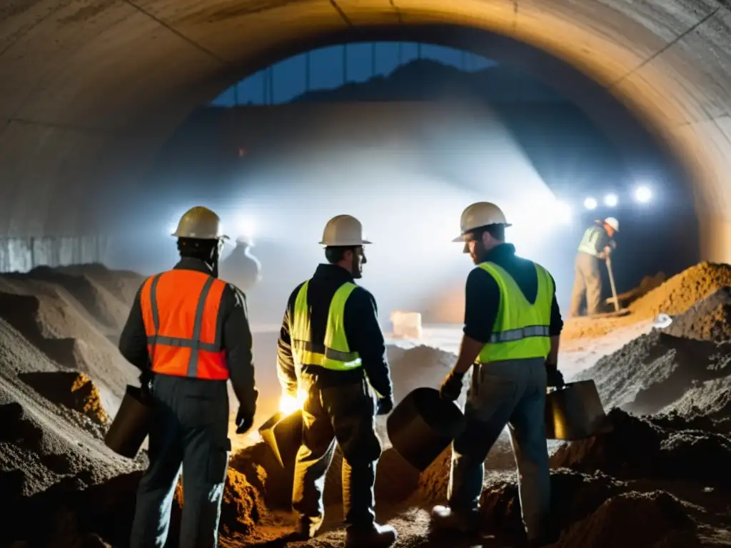 Trabajadores en la construcción de bunkers subterráneos durante la Guerra Fría, iluminados por luces de construcción en intensa labor