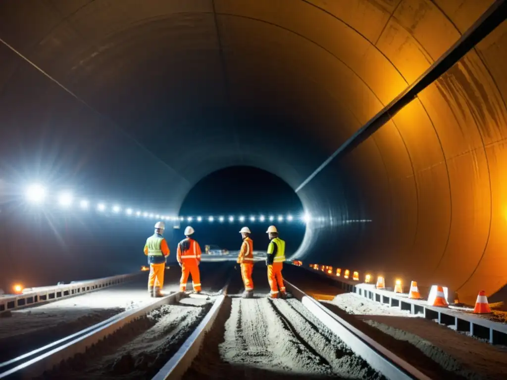 Trabajadores en túnel en construcción, con equipo de seguridad naranja, maquinaria pesada y estructuras de soporte