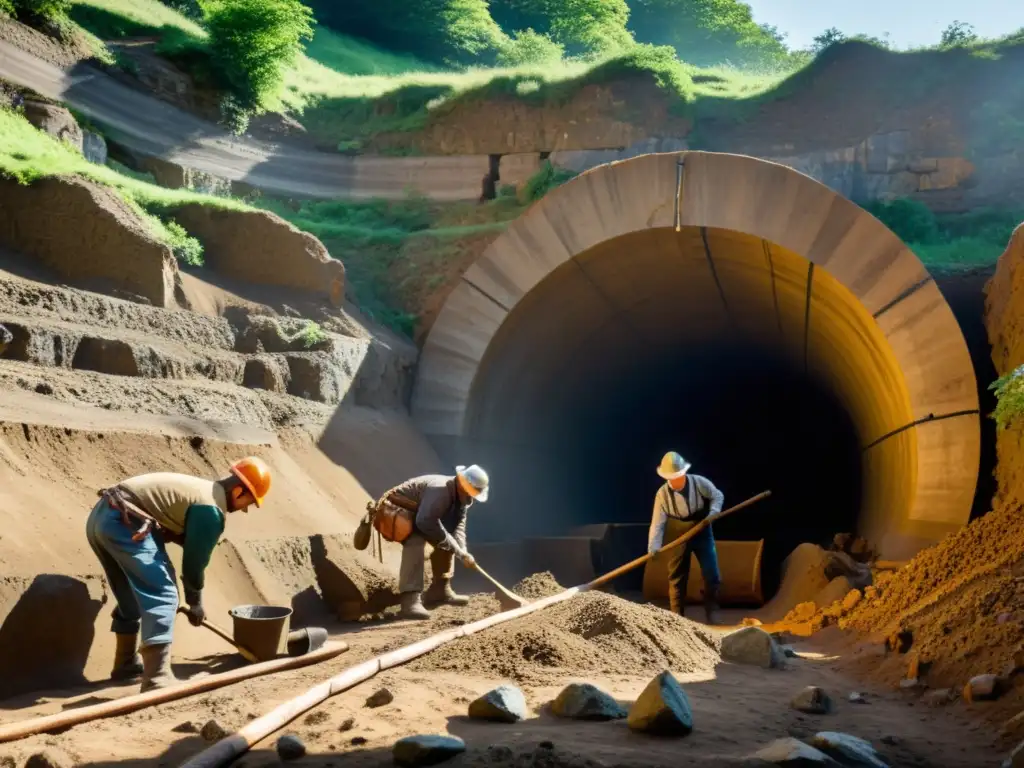 Trabajadores en la construcción de un túnel histórico, evocando la importancia de los túneles en la historia del transporte