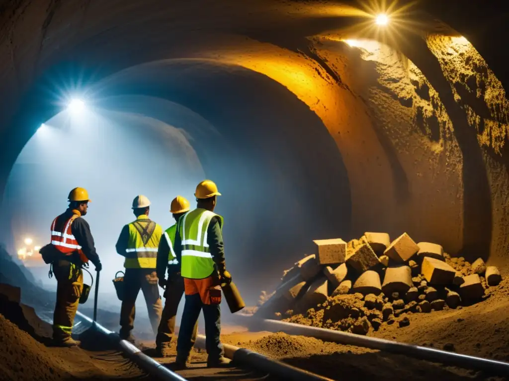 Trabajadores en construcción de túneles con desafíos, iluminación dramática y maquinaria pesada