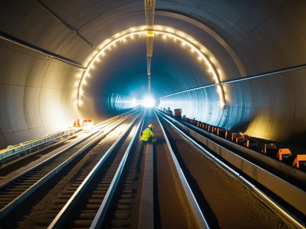 Trabajadores en equipo realizando innovaciones logísticas en construcción de túneles subterráneos, con maquinaria pesada y materiales de construcción