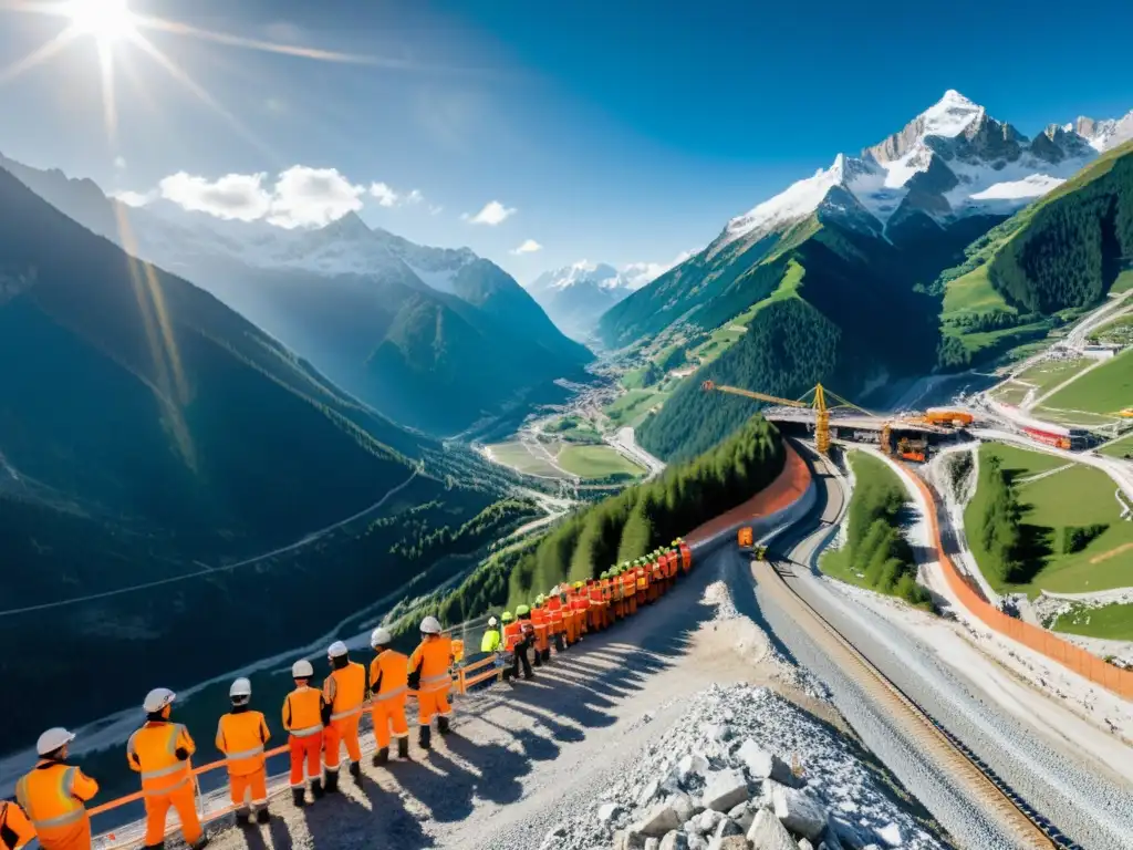 Los trabajadores en equipo construyen el túnel de alta velocidad en los Alpes italianos, destacando la expansión del TAV en Italia