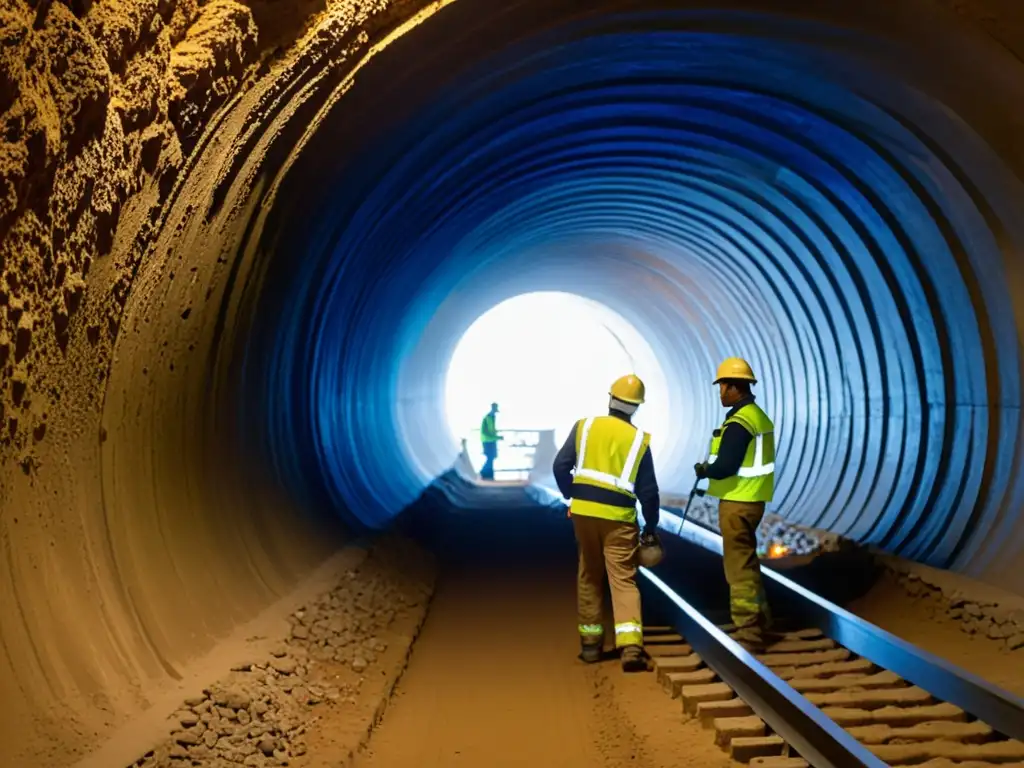 Trabajadores expertos realizan métodos de refuerzo y estabilización en un antiguo túnel, destacando técnica y cuidado