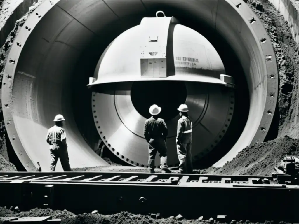 Trabajadores en túnel con máquina excavadora, evocando la determinación de proyectos históricos túneles construcción