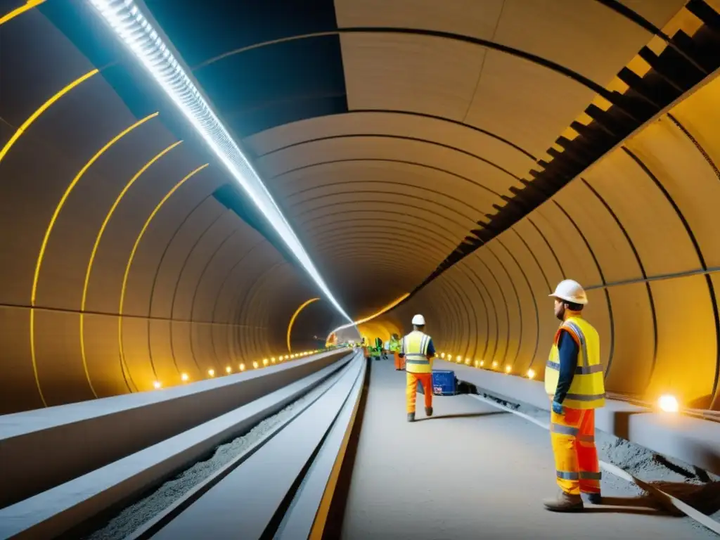 Trabajadores utilizando materiales ecológicos en la construcción de túneles, fusionando tecnología avanzada y prácticas sostenibles