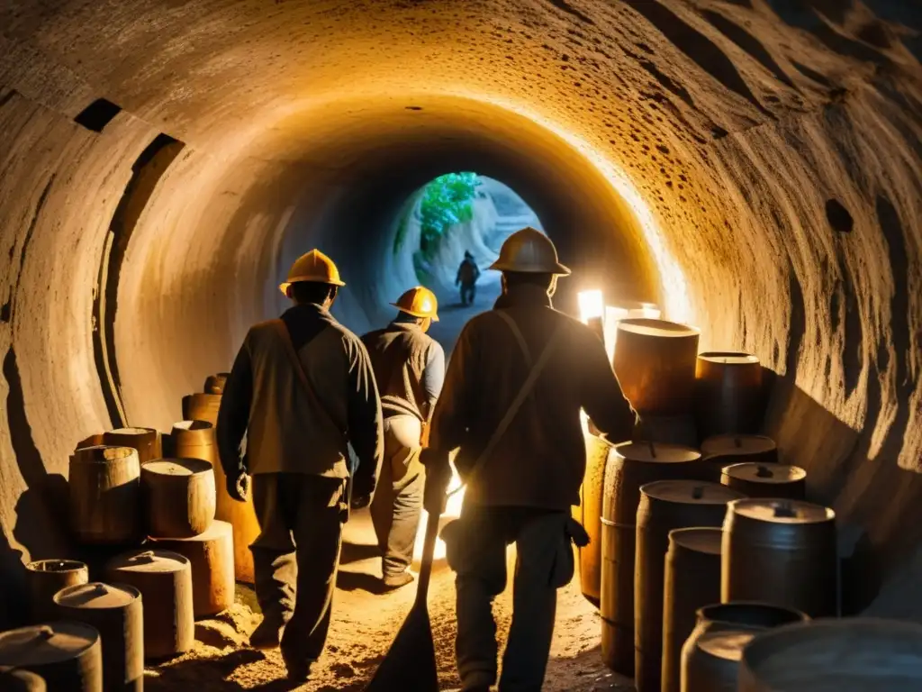 Trabajadores en túnel de piedra iluminados por linternas mientras construyen en la revolución industrial de la construcción de túneles