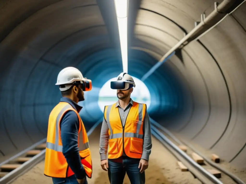 Trabajadores usando realidad virtual para planificar túneles subterráneos, rodeados de maquinaria de construcción y detalles de las paredes del túnel