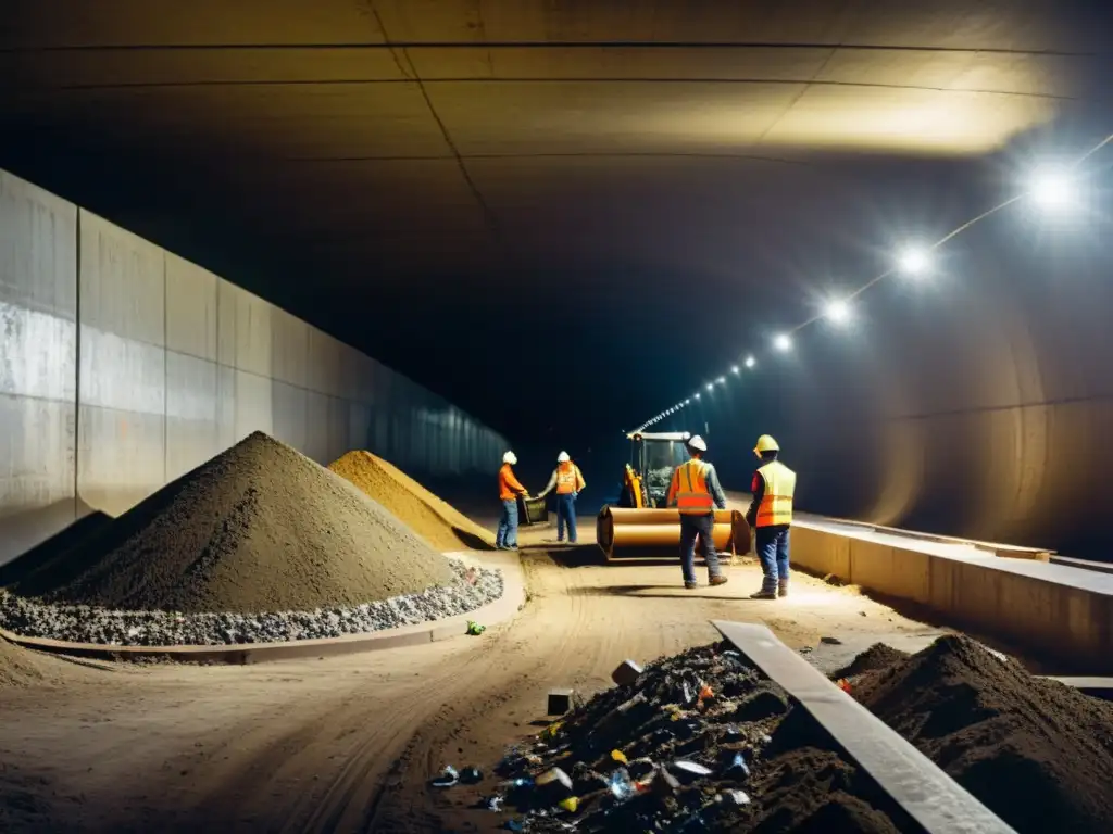 Trabajadores gestionando residuos en la construcción del túnel, demostrando estrategias de gestión de residuos en proyectos de túneles