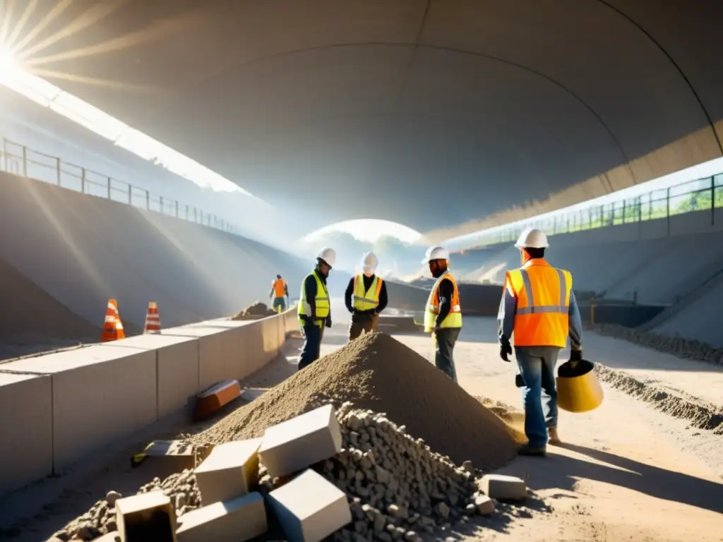 Trabajadores en gestión de residuos en construcción de túneles separando materiales en un ambiente polvoriento y laborioso