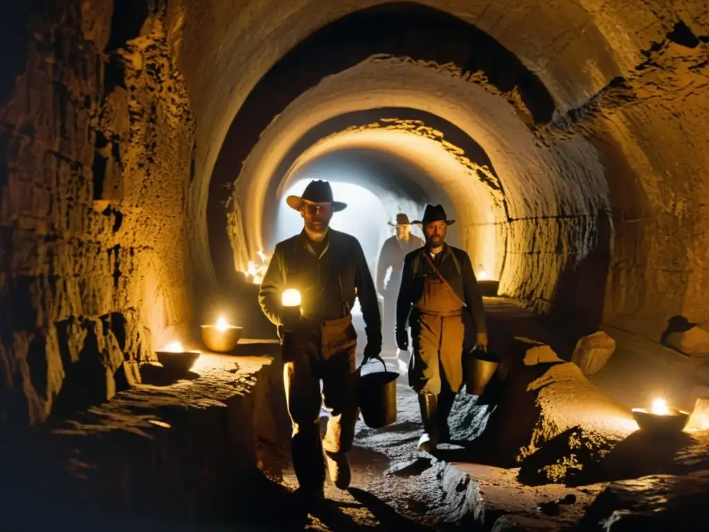 Trabajadores en túnel del siglo XIX iluminados por lámparas de aceite