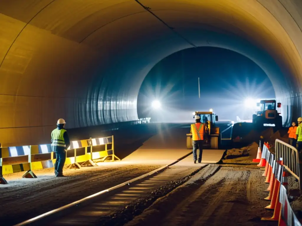 Trabajadores instalan sistemas de seguridad en túneles, rodeados de maquinaria y materiales de construcción, iluminados por luces brillantes