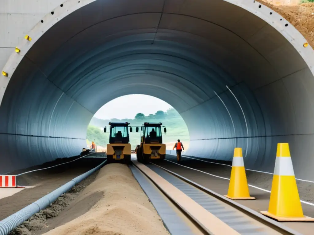 Trabajadores en sitio de construcción de túnel utilizando materiales ecológicos como acero reciclado y bambú, reflejando sustentabilidad en la obra