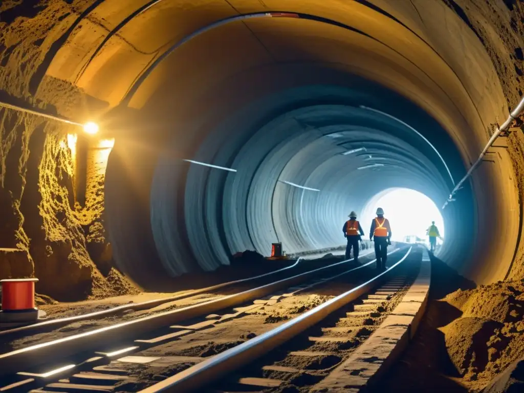 Trabajadores usando software avanzado para diseñar y construir un túnel subterráneo, capturando la evolución histórica del diseño de túneles