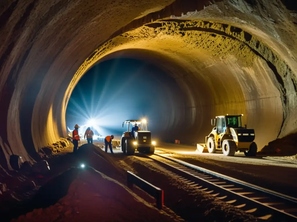 Trabajadores en túnel subterráneo, con maquinaria pesada, cascos y equipo de seguridad