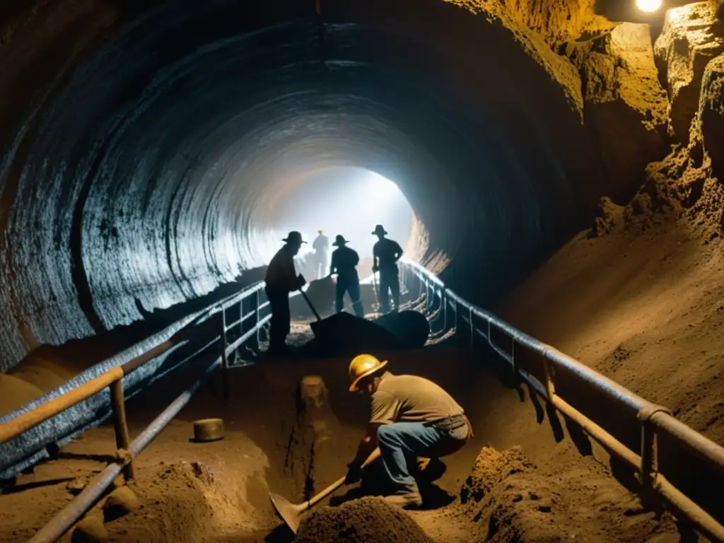 Trabajadores sudorosos excavan un túnel histórico en penumbras, evocando perseverancia y desafío