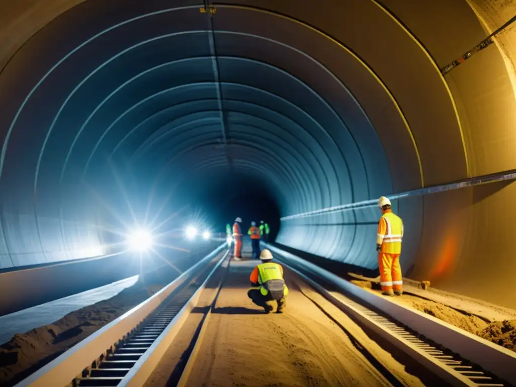 Trabajadores en túnel con aplicaciones de nanotecnología, destacando la integración precisa de nanomateriales en la construcción