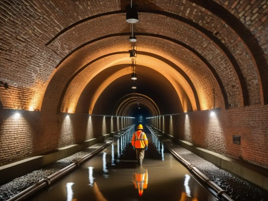 Trabajadores en túnel histórico control de inundaciones, luchando contra el agua con innovación y dedicación