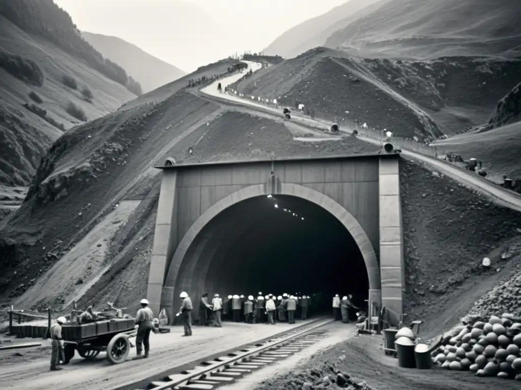 Trabajadores construyendo un túnel histórico con herramientas y linternas, evocando la importancia de los túneles en la historia del transporte