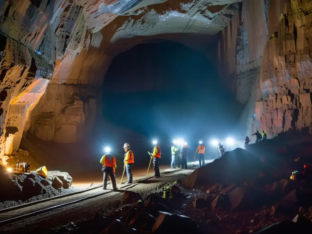 Trabajadores en túnel con linternas frontales, mostrando determinación y trabajo en equipo en un entorno desafiante