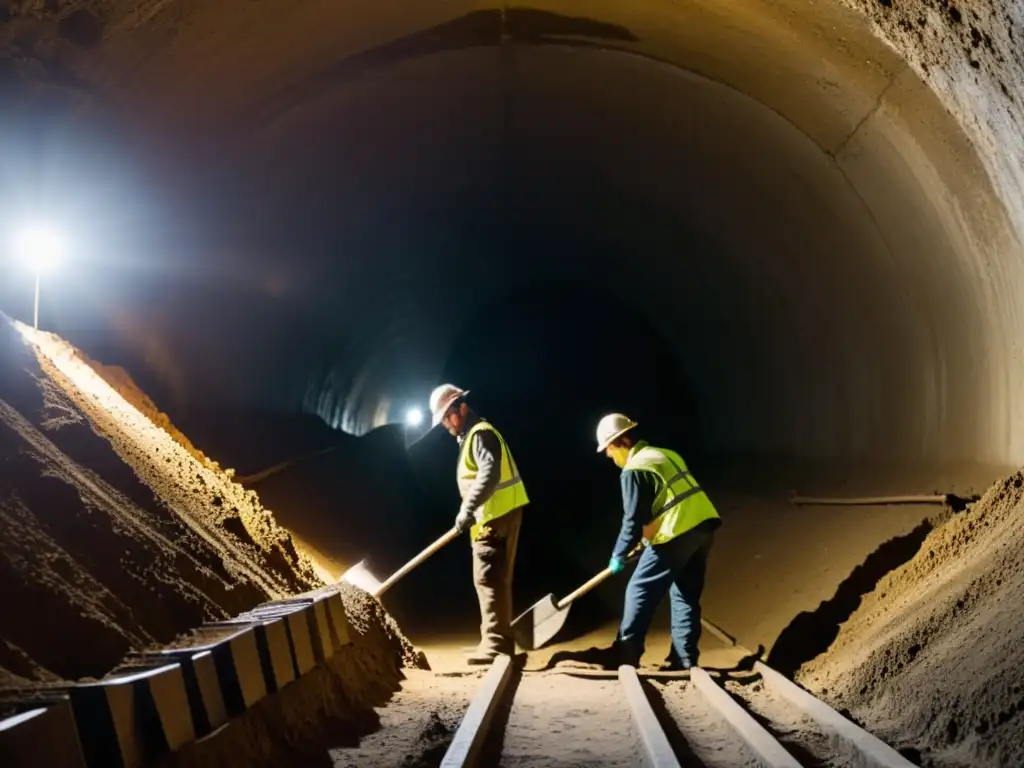 Trabajadores excavan un túnel en la penumbra, rostros sucios y sudorosos