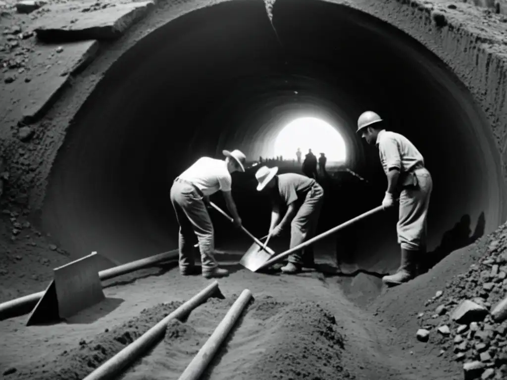 Trabajadores excavando un túnel con picos y palas, iluminados por tenue luz de linternas