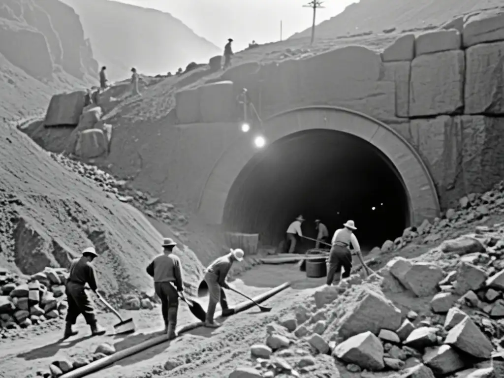 Trabajadores excavan túnel con picos y palas, vapor se eleva, linternas iluminan