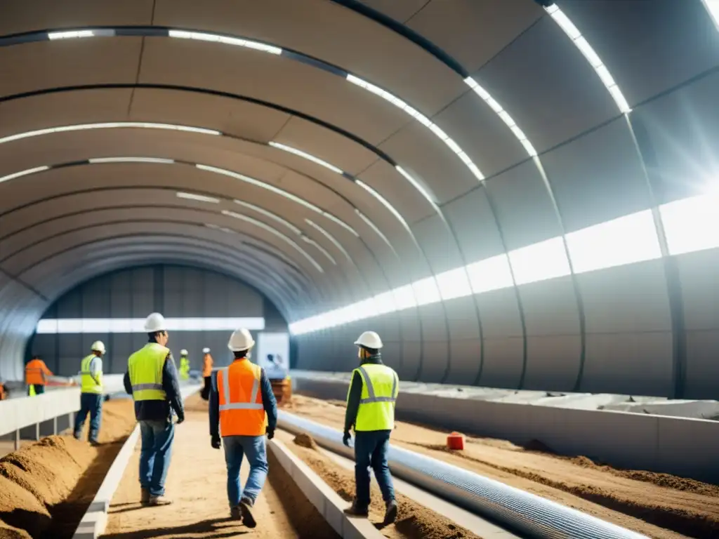 Trabajadores en túnel sostenible usando maquinaria ecoamigable, integrando soluciones sostenibles huella carbono túneles