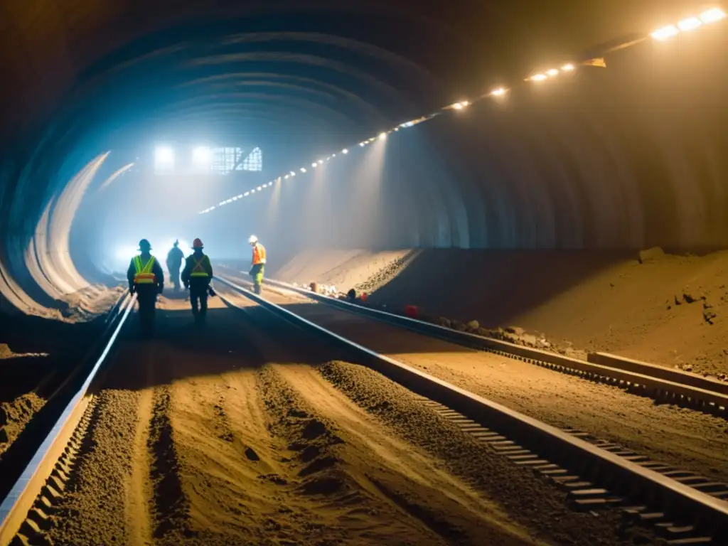 Trabajadores en un túnel subterráneo iluminado por luces fluorescentes, parte del Proyecto Subterráneo de Elon Musk