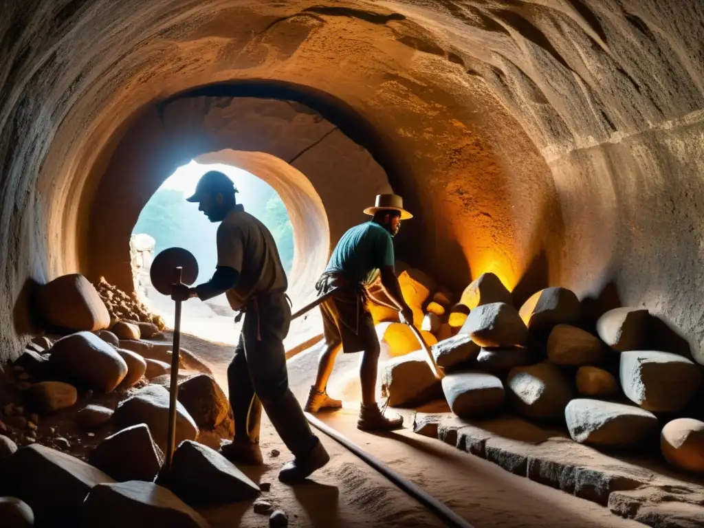 Trabajo arduo de constructores en túnel antiguo bajo la mirada de deidades