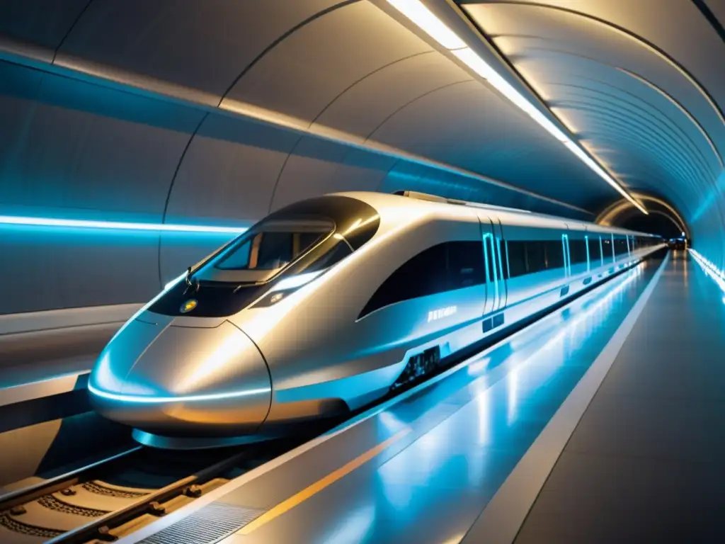 Un tren Maglev plateado se desliza sin esfuerzo por un túnel urbano futurista, rodeado de tecnología de vanguardia e iluminado por una suave luz ambiental