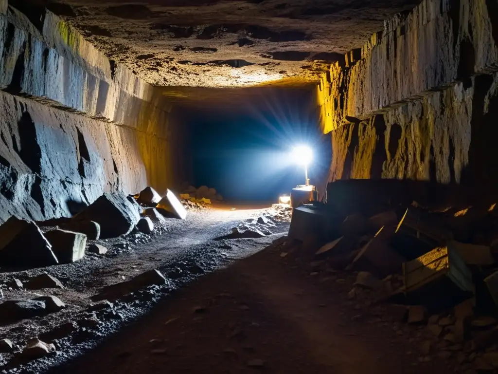 Explora un túnel abandonado, iluminado por una luz tenue y con equipo minero antiguo