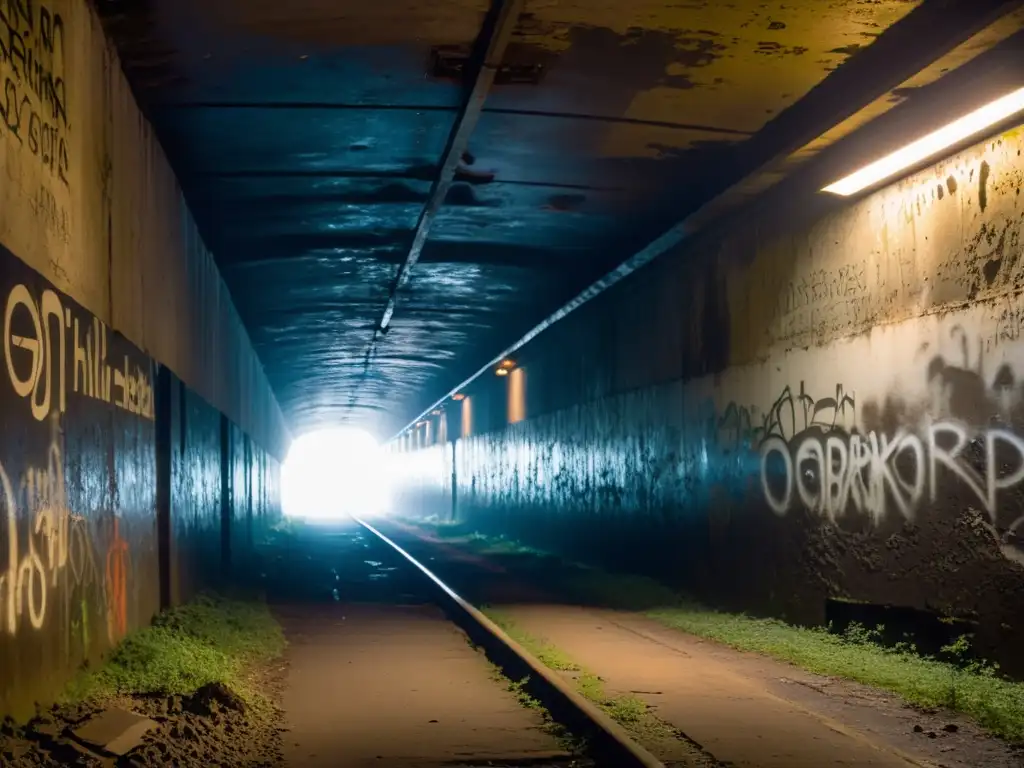 Un túnel abandonado y sombrío se extiende hacia la oscuridad, con grafitis en las paredes envejecidas