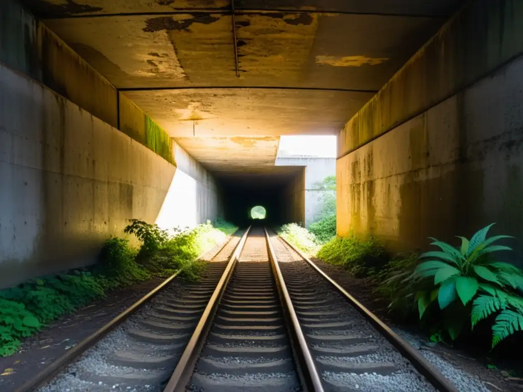 Un túnel abandonado con vegetación, sombras y vías oxidadas, evocando la transformación túneles abandonados activos sostenibles