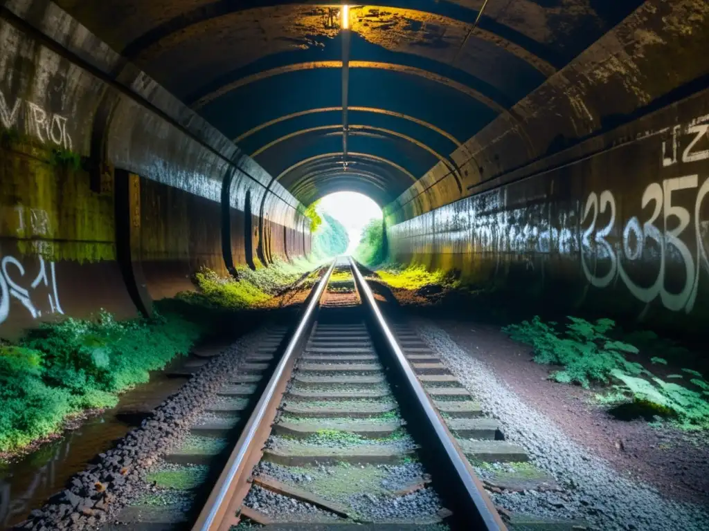 Un túnel abandonado con vías oxidadas y paredes cubiertas de musgo