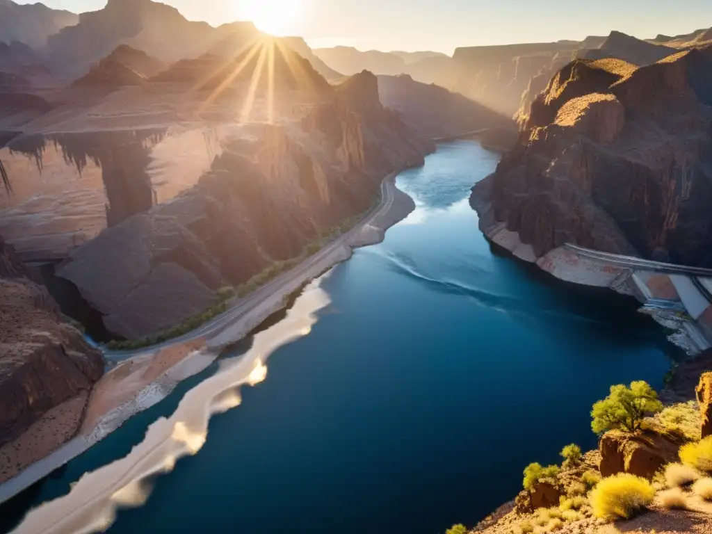 Túnel de Agua Río Colorado Nevada: El majestuoso cañón negro del río Colorado con la presa Hoover al fondo, bañado por la cálida luz dorada del sol