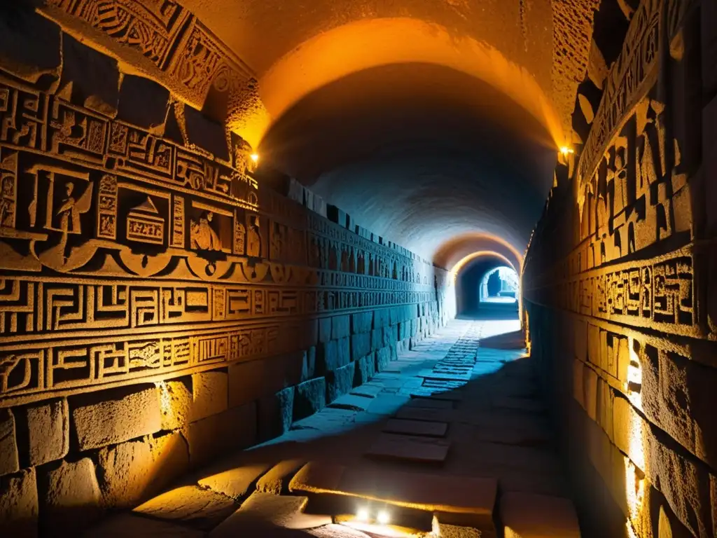 Un túnel ancestral en la penumbra, con tallados incas y antorchas iluminando el camino