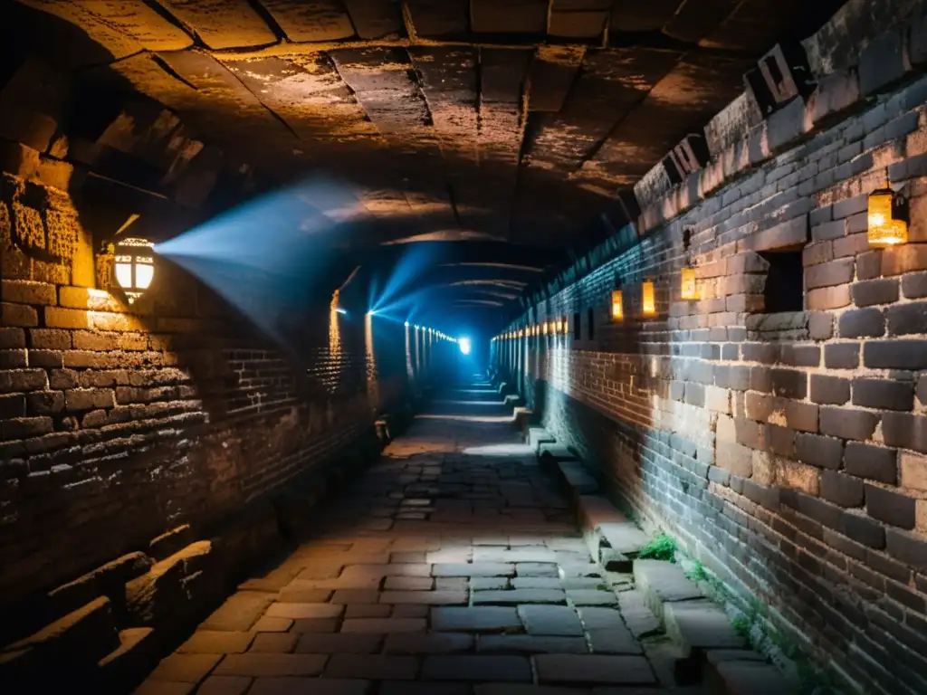 Un túnel antiguo bajo la Gran Muralla China, con ladrillos intrincados y pasajes estrechos que se adentran en la oscuridad