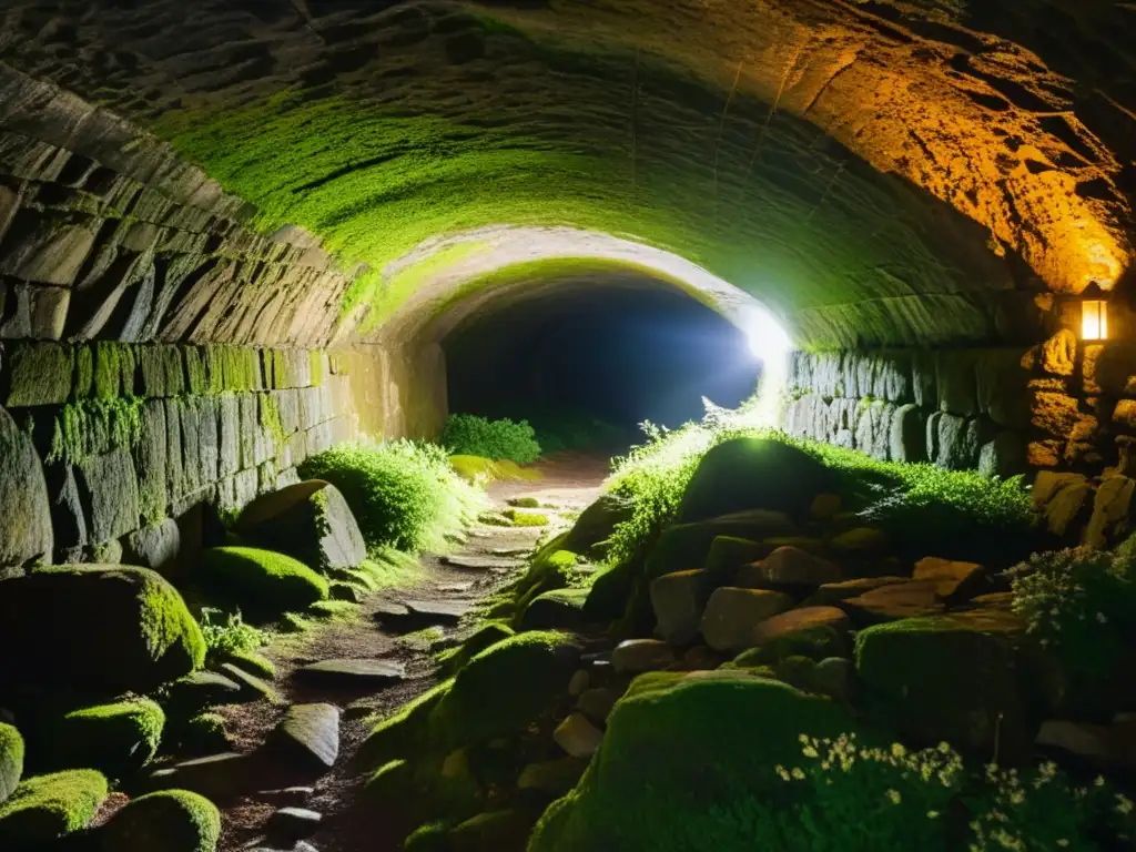 Un túnel antiguo, con iluminación tenue de linternas, revela su estructura resistente y misterioso pasado grabado en sus paredes de piedra