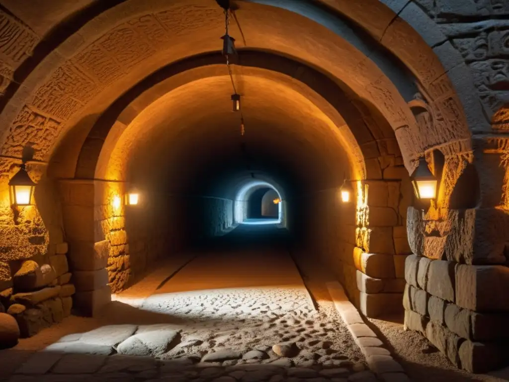 Un túnel antiguo iluminado por antorchas, con símbolos tallados en las paredes y sistemas de ventilación que perduran
