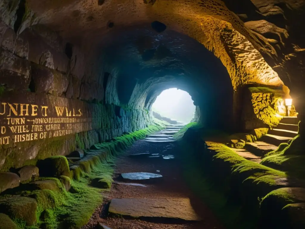 Un túnel antiguo iluminado por antorchas, con musgo en las paredes y escrituras antiguas, evocando inspiración poesía túneles históricos