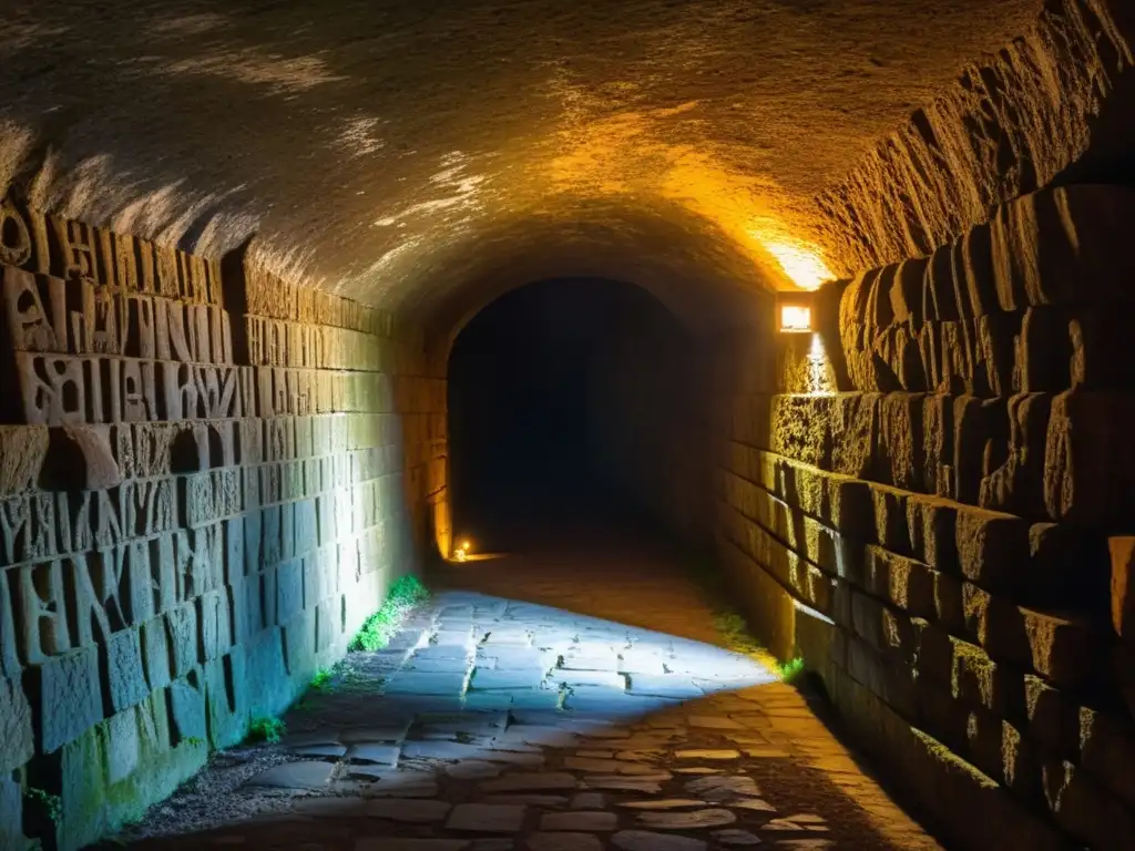 Un túnel antiguo iluminado por antorchas, evocando misterio e inspiración poética en la historia y la arquitectura