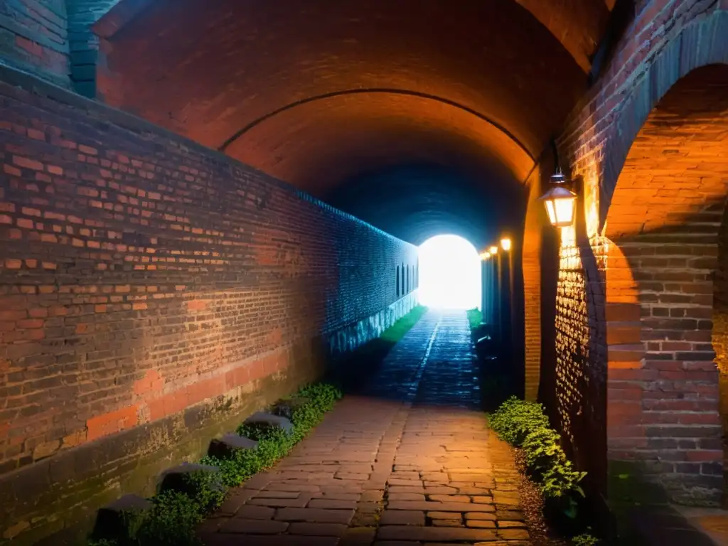 Un túnel antiguo iluminado por una linterna, con misterio y aventura