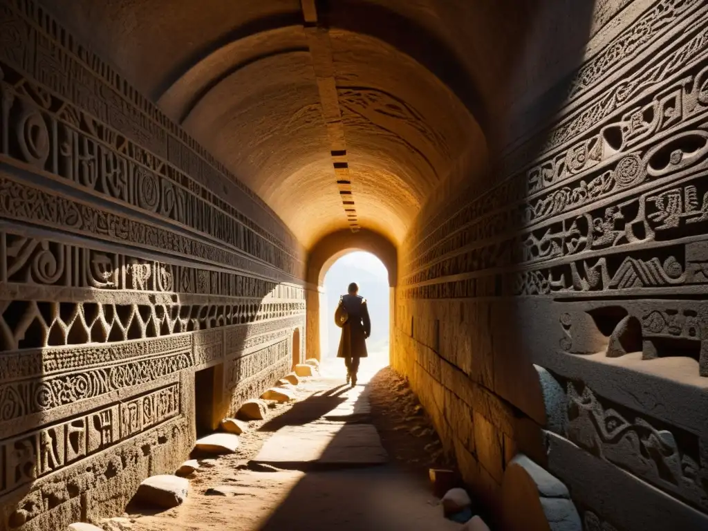 Un túnel antiguo iluminado por un rayo de luz, con intrincadas carvings en las paredes